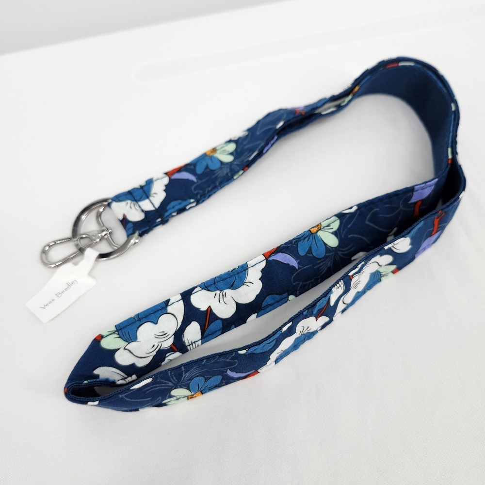 NEW Vera Bradley Wide Lanyard Blue Floral Bursts ID Keyring Travel Gift Office